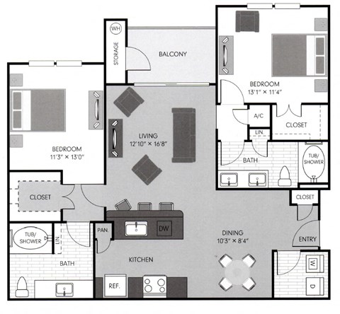 Floor plan for 2 beds, 2 baths, 1181 sqft